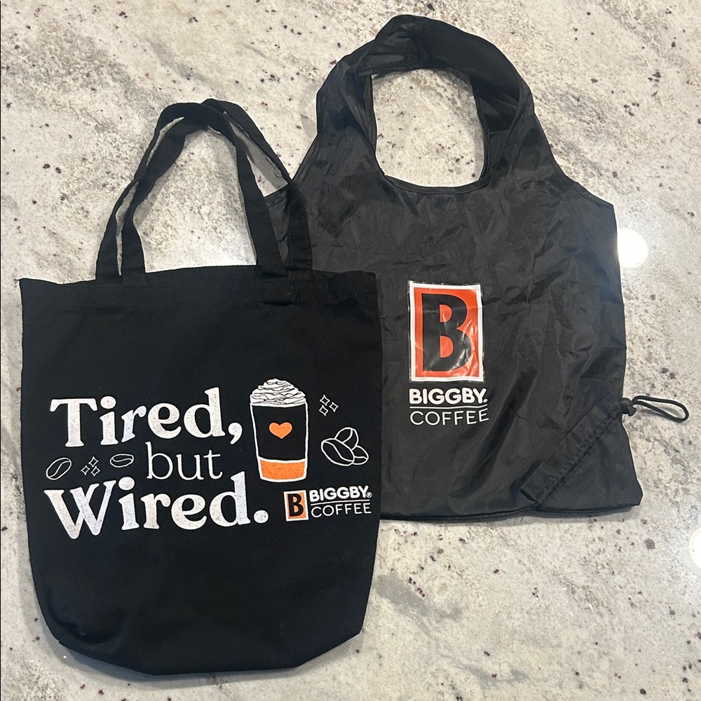 Biggby Coffee Black Tote canvas reusable Bags black and orange tired but wired